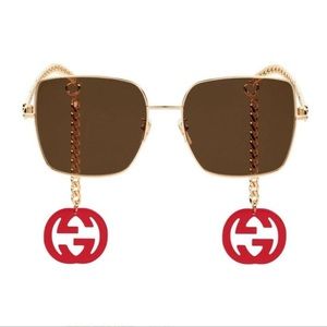 GUCCI GG0724S 002 Gold Brown Rectangle Square Women's Sunglasses 61 mm